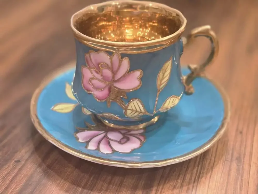 Vtg Japanese Turquoise & Gold Teacup Saucer Set Raised Pink Rose